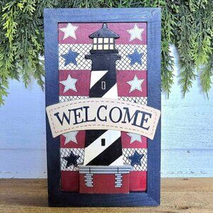 Patriotic Americana Lighthouse Welcome Wall Hanging Lakehouse Coastal Decor Sign